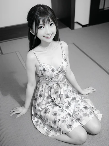 Japanese female, (underweight), (flat chest best quality:1.5), (cheerful grin:1.5),
landscape photo, sitting on the floor, semi long, (dress), (floral print cloth), (white Clothes), Japanese, full body shot, from below, (monochrome:1.4)