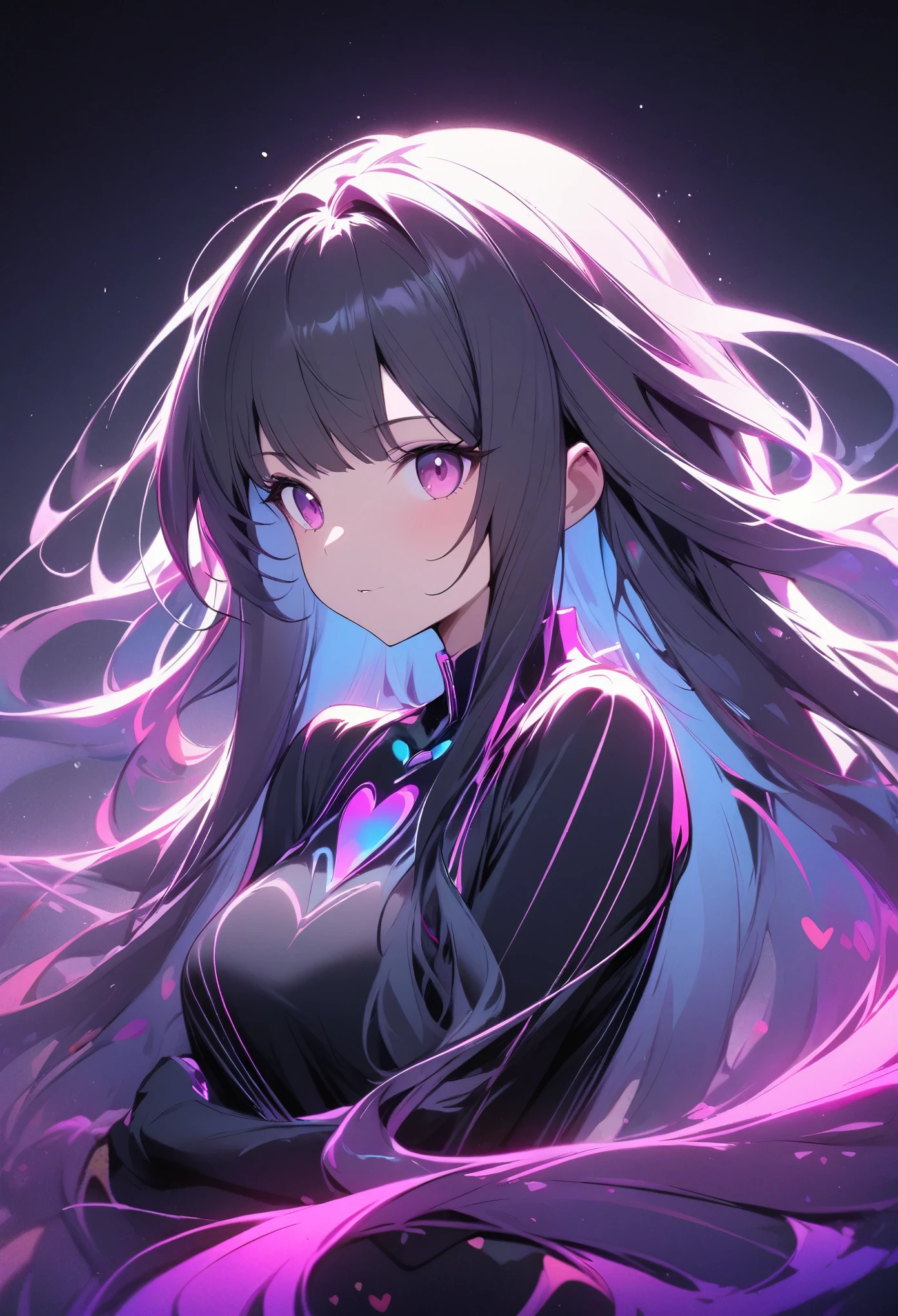 character concept design,1girl,half body,ojou-sama posture,incredibly long hair,light painting,time-lapse photography,diffuse gradient,vertical random light line,colorful heart