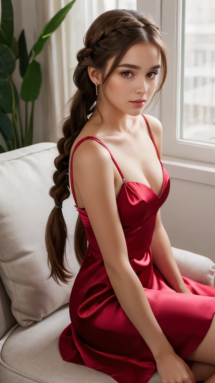 beautiful brunette girl with braided hair sitting. wearing satin dress