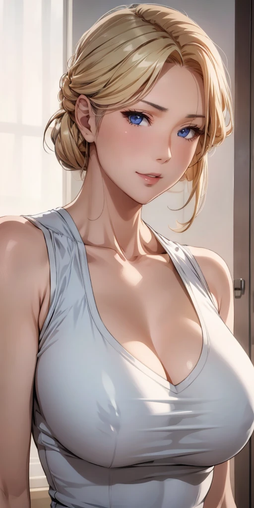 Elegant mature woman, milf, blue eyes, blonde hair, soft light, high detailed, 4k resolution, high quality, beautiful cg,