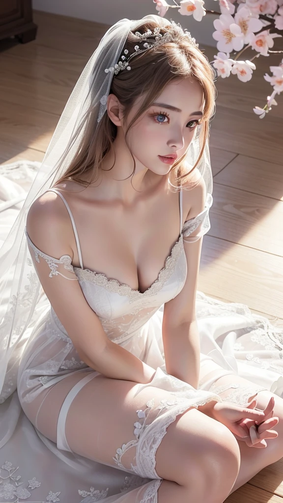 There is a girl in a wedding dress, plum blossoms, palaces, castle architecture ray tracing, {best quality}, { {masterpiece}}, extremely detailed 8K wallpaper, {an extremely delicate and beautiful}, colorful, intricate details, realism, realism, camera quality, (meticulously portrayed clothes), cold white leather, (meticulously portrayed blush), 1080p, sun, soft cute, smooth light silver hair, messy beauty, lighting, brokenness, shiny and silky skin, 3D stereoscopic, masterpiece, best quality, super fine illustrations, Beautiful eyes, very delicate light, fine glow, very fine 8K CG wallpaper, peach blossom eyes, red pupils, an extremely delicate beautiful girl, 8k wallpaper, best quality, full body close-up, white wedding dress, luxury silky bright red chiffon flood (illusion, glitter, ultra-thin, soft,) wedding dress