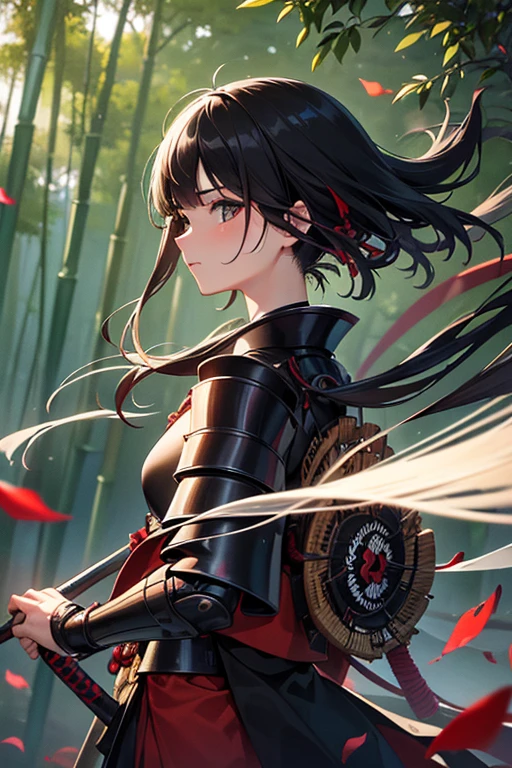 Highest quality, Ultra-high resolution, RAW Photos, Japanese style, kimono, Rin々Shii, Samurai, bamboo forest, Feel the wind, Japanese sword, (Samurai Armor:1.1), Black-haired woman