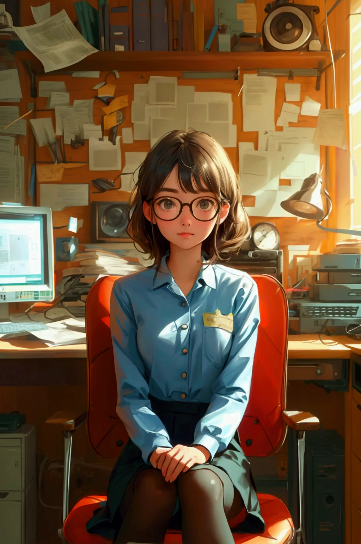 Create a beautifully detailed image featuring a cute girl sitting in an office chair. The girl should be wearing a similar suit and glasses, surrounded by vintage computers, monitors, and newspapers in a cluttered office with wooden walls and blinds. The overall theme and style of the image should be preserved exactly, maintaining the artistic style, rich details, and warm lighting.