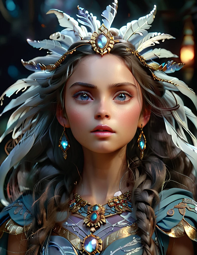 mystical female protagonist, intricate fantasy dress, glowing ethereal aura, detailed ornate headpiece, sweeping dramatic cape, enchanting eyes, porcelain skin, flowing hair, serene expression, dark moody lighting, cinematic dramatic atmosphere, vibrant jewel-toned colors, creative whimsical concept art, (best quality,4k,8k,highres,masterpiece:1.2),ultra-detailed,(realistic,photorealistic,photo-realistic:1.37)