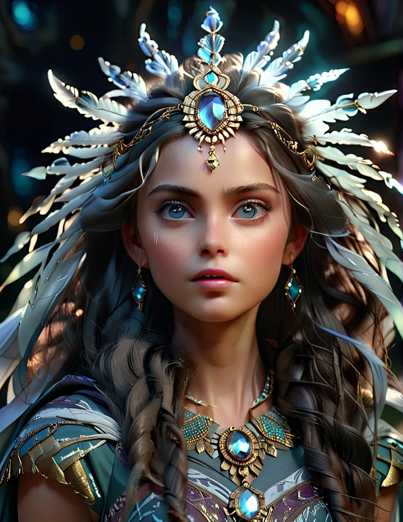 mystical female protagonist, intricate fantasy dress, glowing ethereal aura, detailed ornate headpiece, sweeping dramatic cape, enchanting eyes, porcelain skin, flowing hair, serene expression, dark moody lighting, cinematic dramatic atmosphere, vibrant jewel-toned colors, creative whimsical concept art, (best quality,4k,8k,highres,masterpiece:1.2),ultra-detailed,(realistic,photorealistic,photo-realistic:1.37)