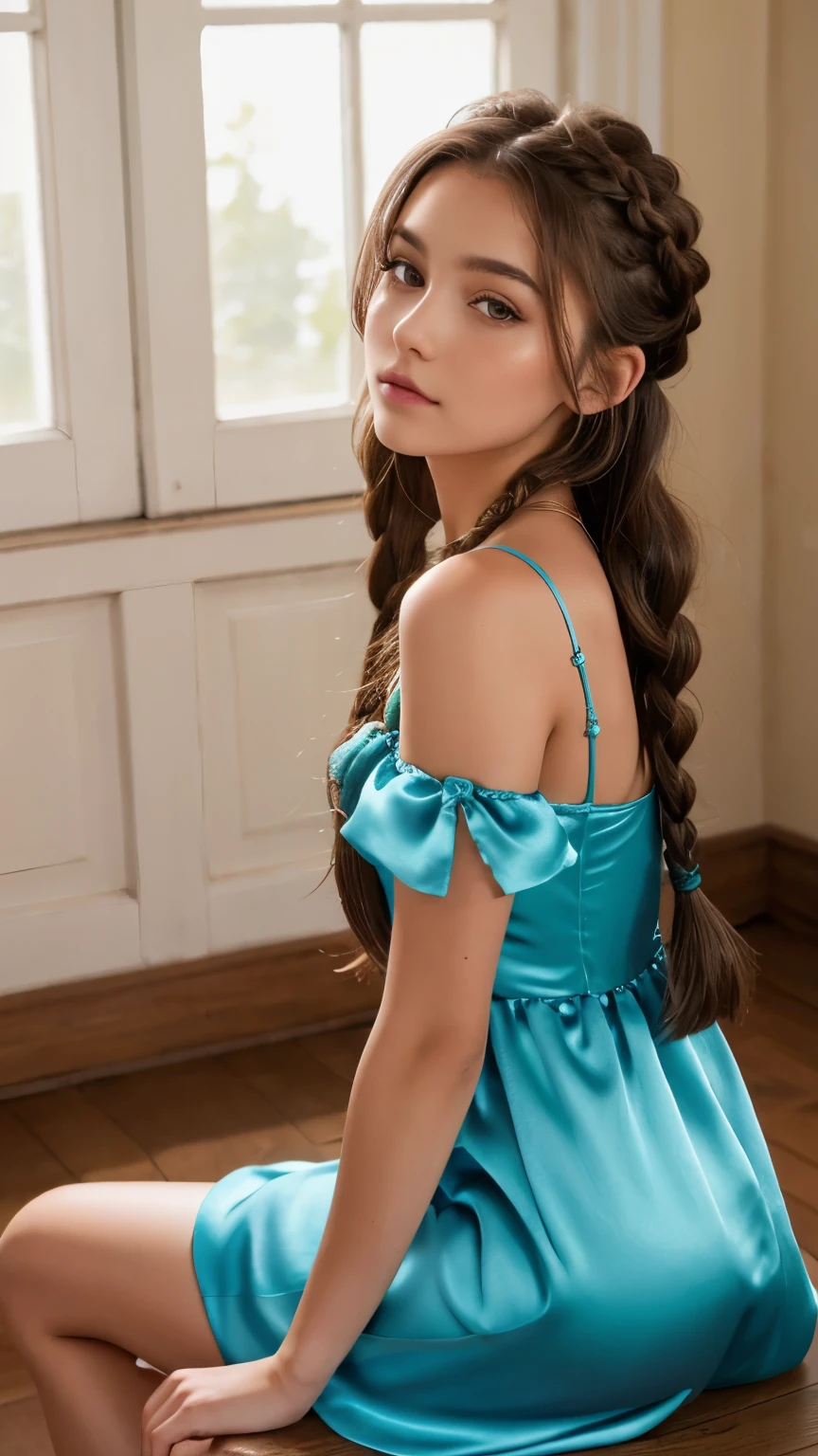 beautiful brunette girl with braided hair sitting. wearing satin dress