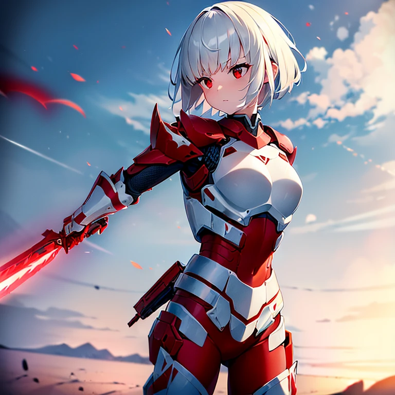 (girl)(white short hair)(red eyes)(Driving exoskeleton armor)(Cool battle scenes)(The blade flickers)(Fierce clash of weapons)(Battle Damage Edition)(Injuried)(Combat Mask)4K