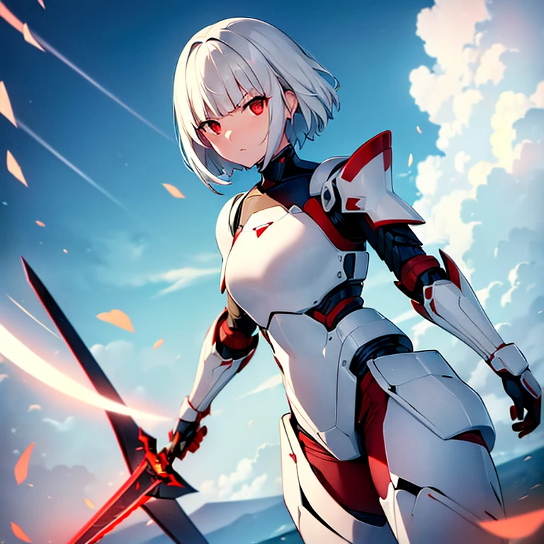 (girl)(white short hair)(red eyes)(Driving exoskeleton armor)(Cool battle scenes)(The blade flickers)(Fierce clash of weapons)(Battle Damage Edition)(Injuried)(Combat Mask)4K