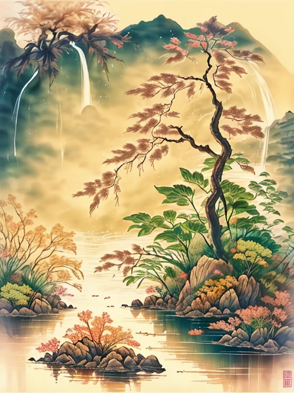 Lacquer painting, Makie, flower園,flower畑,Money, Surreal illustration , Otherworldly, ,Highly detailed and magical lighting, Intricate forest details, Surrounding vegetation and river, Solarpunk ,landscape, , Beautiful foliage with beautiful lighting and realistic proportions, Like a movie background, 8k, Highest quality, masterpiece, 空のcloudと星.baptism,Baptism,Garden of Eden,Colorful,夢のようなlandscape, cloud, light piercing through the cloud, Reflection on the surface of the water, Gentle waterfall,flower々, flower ,Quiet atmosphere, Richness in details, Surreal beauty, Magical Aura, ファンタジーlandscape, High quality digital art, Vibrant colors, Fantastic lighting, Enchanting atmosphere, Artistic Expression, Otherworldly feeling, Beautiful brushwork, Magnificent View, Peaceful tranquility, Immersive Experience, Breathtaking views, Picturesque views, Mysterious charm, Mysterious atmosphere, Nuances, A magical dream. There are no people, Nobody is here