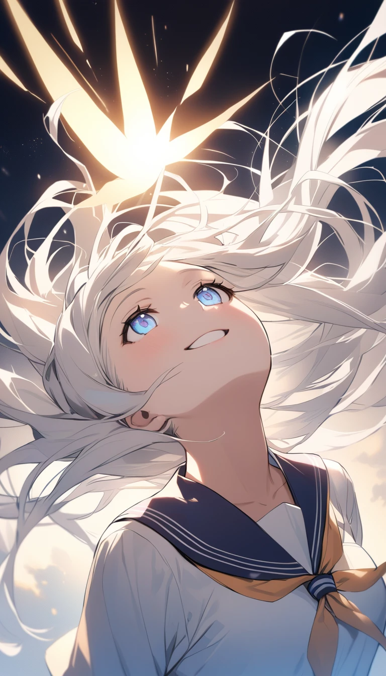 Long white hair、Fluttering Hair、20-year-old women、In detail、beautifully、Glowing Skin、smile、school uniform、Looking up