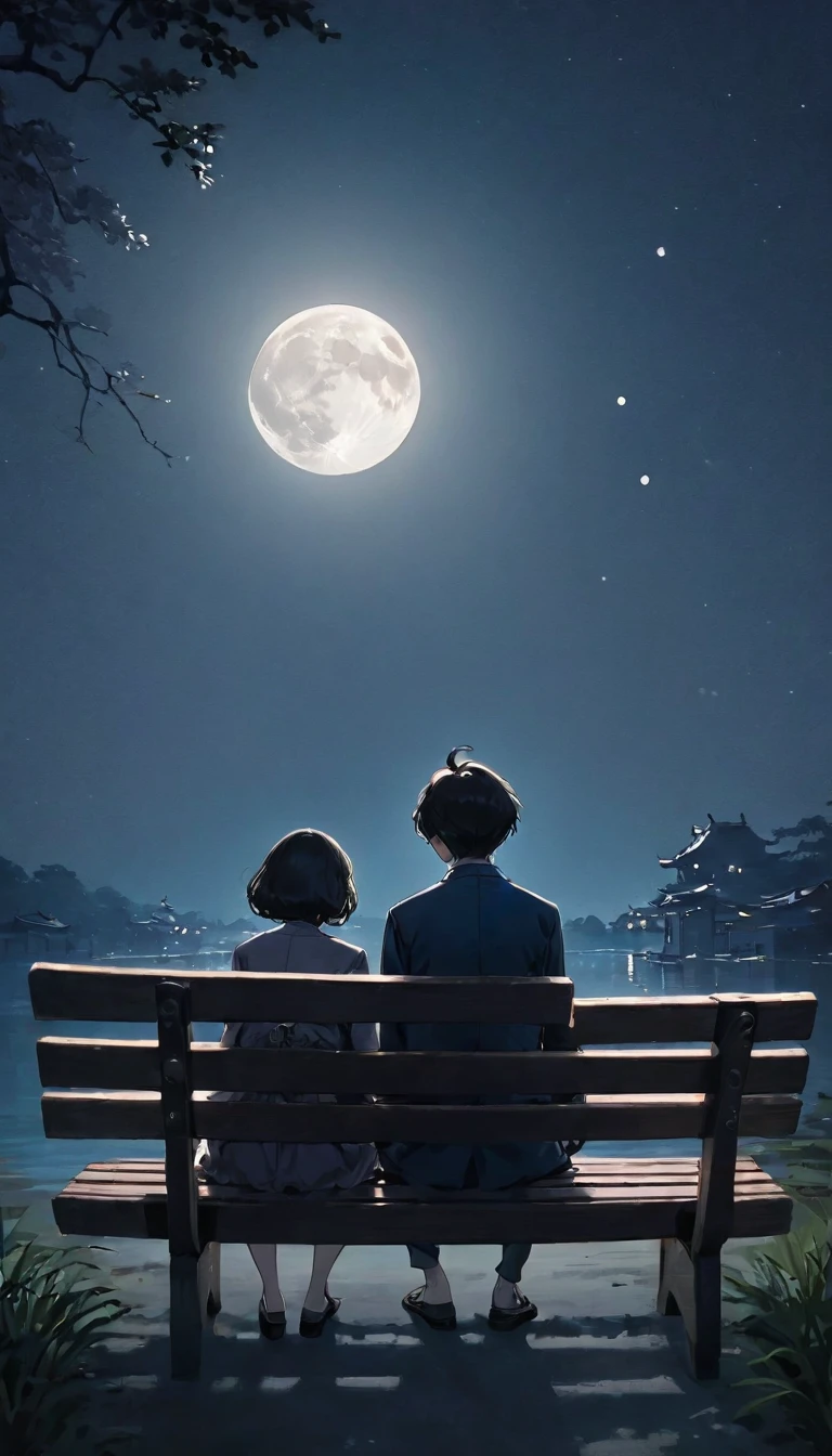 (((A man and a woman sitting on a bench:1.5)))、Highest quality、masterpiece、Beautiful landscape painting、night、Night Time、(((nightの公園のTwo people sitting on a benchの男女:1.2、Two people sitting on a bench)))、(((Back viewの男女、Two people standing close together)))、Back view、美しいBack view、Back view、dark、full moonのnight、full moon、nightのベンチ、Meiji era costumes、Back viewの二人、Long Shot、Full body angle、dark照明、moonlight、