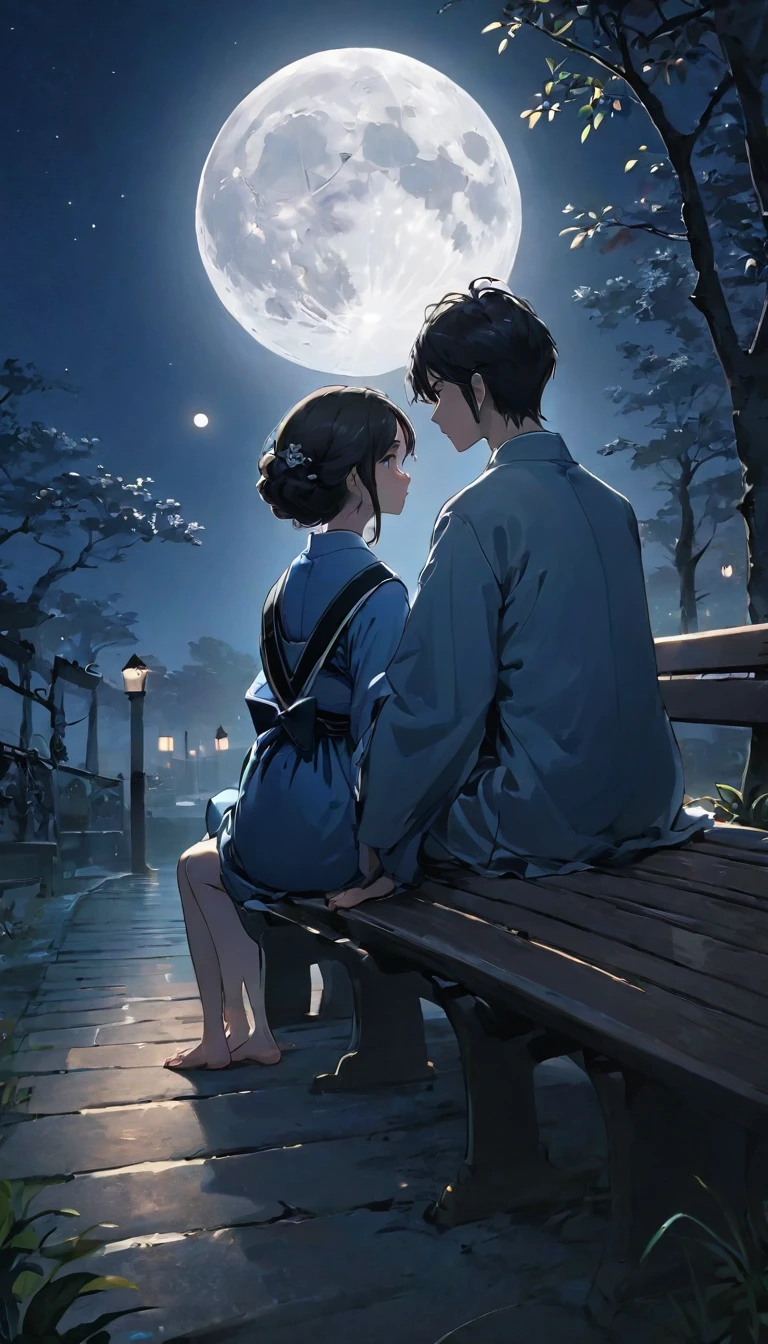 (((A man and a woman sitting on a bench:1.5)))、Highest quality、masterpiece、Beautiful landscape painting、night、Night Time、(((nightの公園のTwo people sitting on a benchの男女:1.2、Two people sitting on a bench)))、(((Back viewの男女、Two people standing close together)))、Back view、美しいBack view、Back view、dark、full moonのnight、full moon、nightのベンチ、Meiji era costumes、Back viewの二人、Long Shot、Full body angle、dark照明、moonlight、