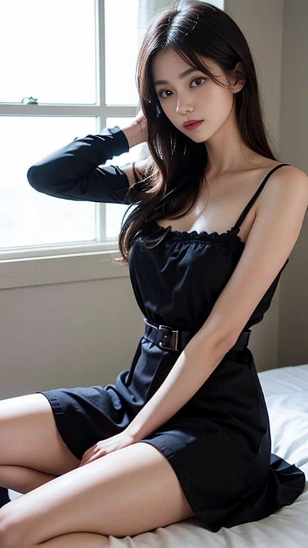 1 girl,alone,chest,Knee socks,chestの谷間,liar,~ ~ side,Looking at the audience,Long Hair,large chest,With my hands on my head,bed,Strap slip,indoor,lips,on bed,Black Hair,dress,Realistic,black dress,black eye,Dutch Angle,Brown Hair,curtain,Window -- Automatic