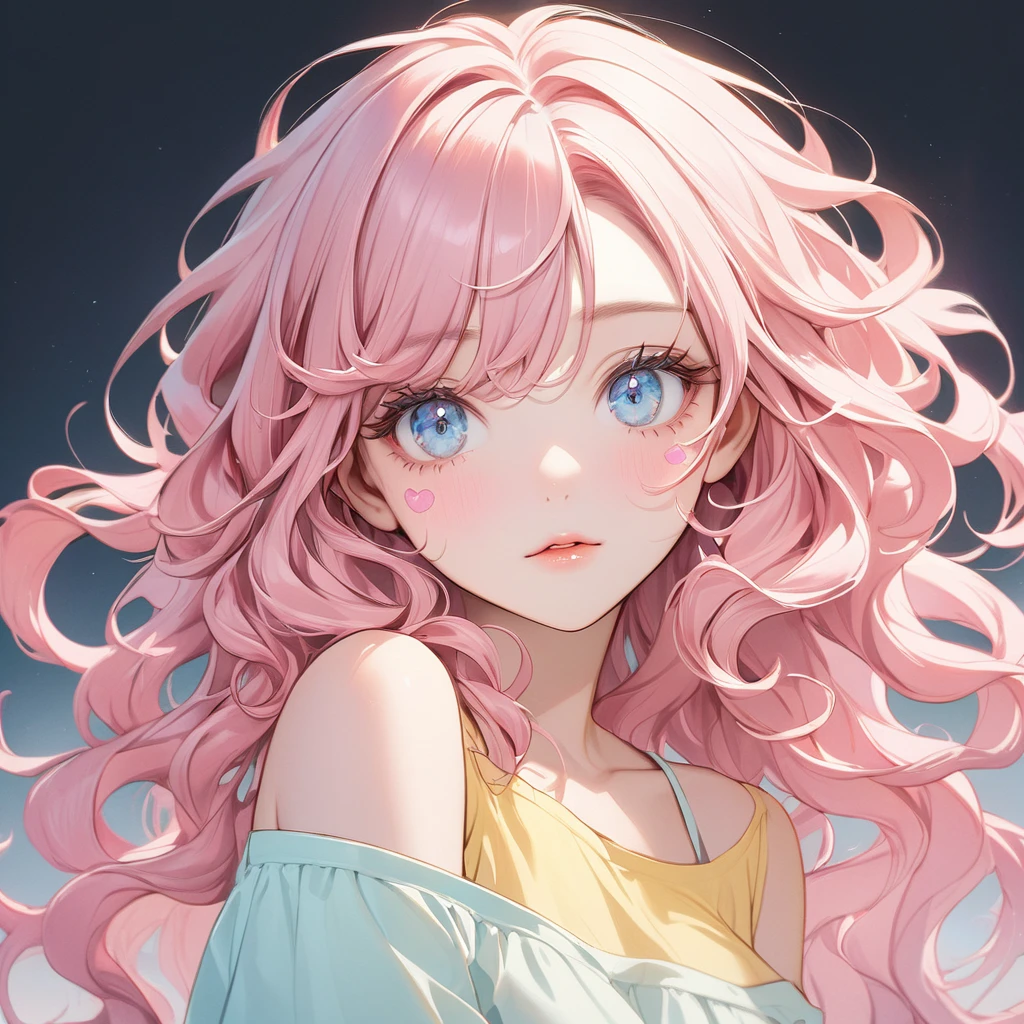 PINK HAIRED GIRL WITH WAVY HAIR, LIGHT BLUE EYES, LONG EYELASHES, BEAUTY MARK ON HER LOWER LEFT EYE, OFF SHOULDER PASTEL YELLOW TOP, 