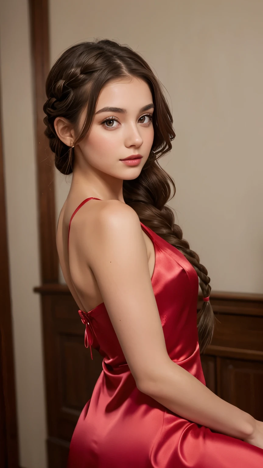 beautiful brunette girl with braided hair. wearing satin dress