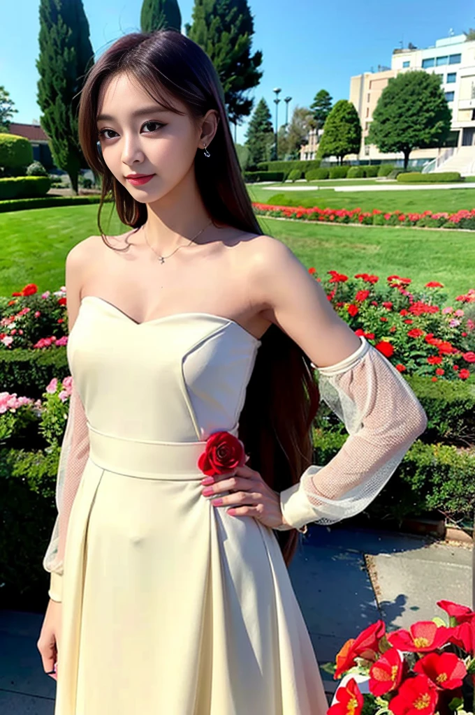 Tzuyu 1, woman, (Realistic), (Hyperrealism), (photoRealistic), Written boundary depth, eye make up:0.7 (whole body:1.8), (Large Bust),(Tight waist), Observe the audience,At the flower garden, Fashion Model, A dress with open shoulders and neckline