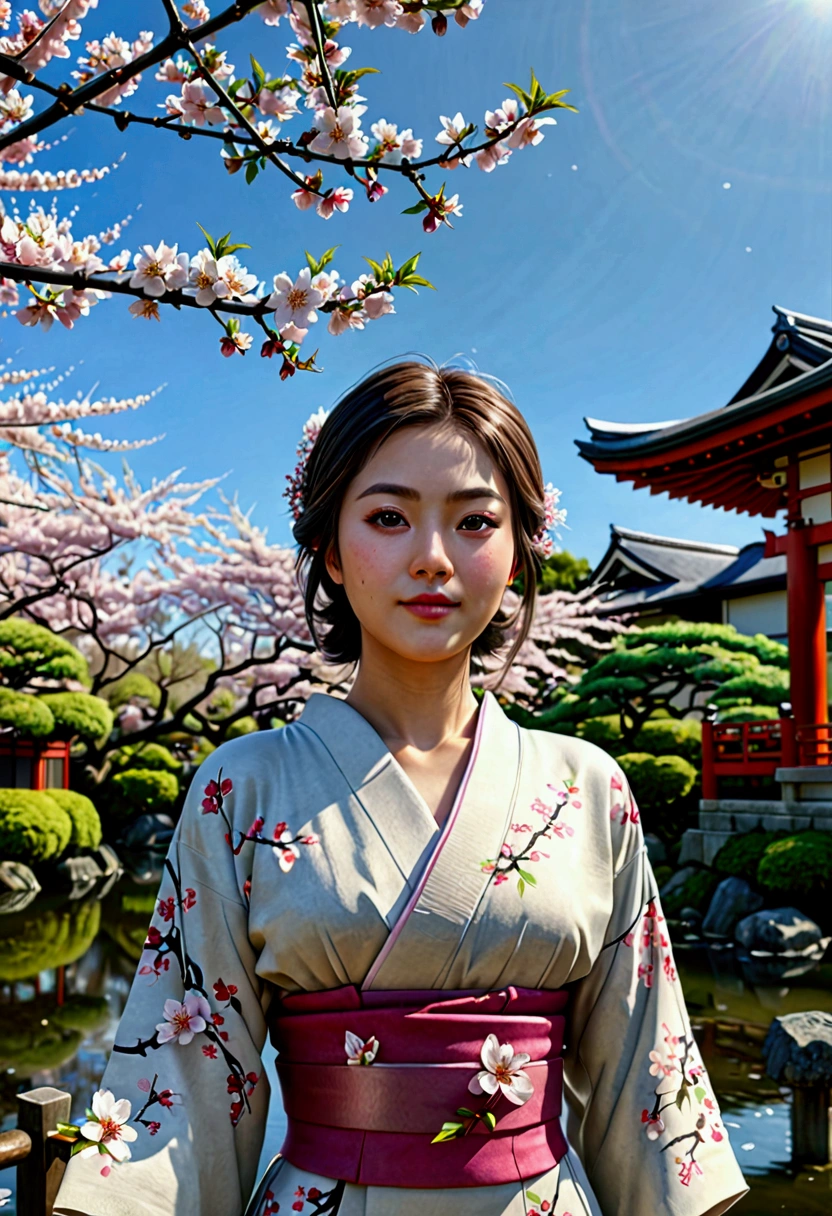 ((best quality)), ((masterpiece)), ((realistic)), A girl of impeccable beauty standing in a tranquil Japanese garden with cherry blossoms at eye level., landscape, masterpiece, (mackerel), original, extremely detailed 8K , (photorealistic:1.4),flawless face, perfect eyes,symmetrical body type,laugh,