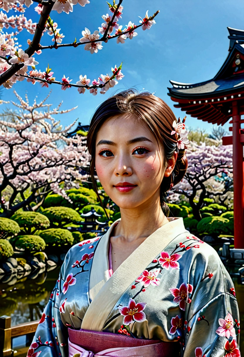 ((best quality)), ((masterpiece)), ((realistic)), A girl of impeccable beauty standing in a tranquil Japanese garden with cherry blossoms at eye level., landscape, masterpiece, (mackerel), original, extremely detailed 8K , (photorealistic:1.4),flawless face, perfect eyes,symmetrical body type,laugh,