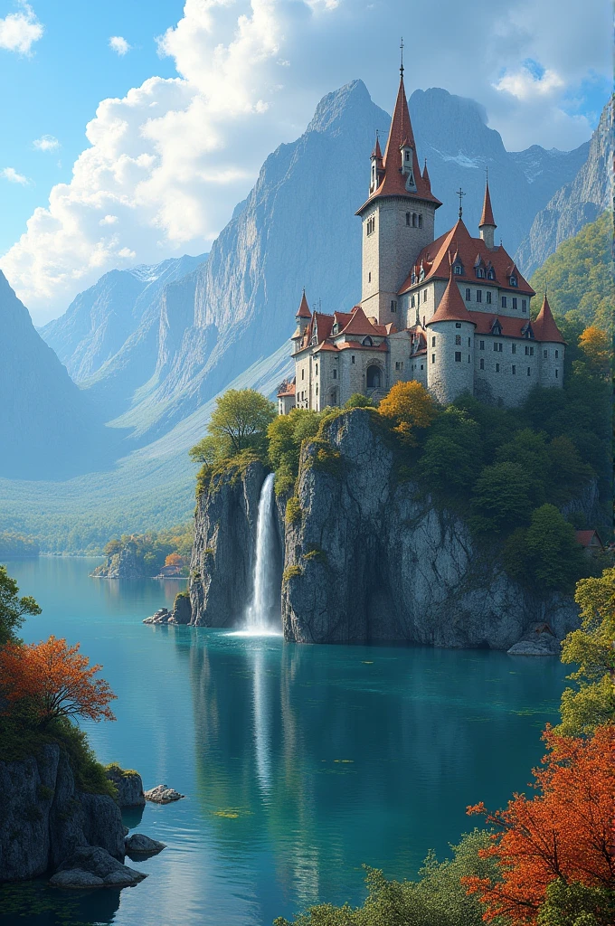 masterpiece, 最high quality, high quality, Very detailed CG unit 8k wallpaper, landscape, Outdoor, null, cloud, Day, A wonderful medieval castle, No humans, Mountain, landscape, water, wood, blue null, waterfall, cliff, nature, lake, river, village, autumn, cloudy null, Colorful flowers, Award-winning photography, Bokeh, Depth of written boundary, High resolution, bloom, chromatic aberration, Realistic, Very detailed, artステーションのトレンド, CGsociety Trends, Complex, Attention to detail, dramatic, art：midjourney