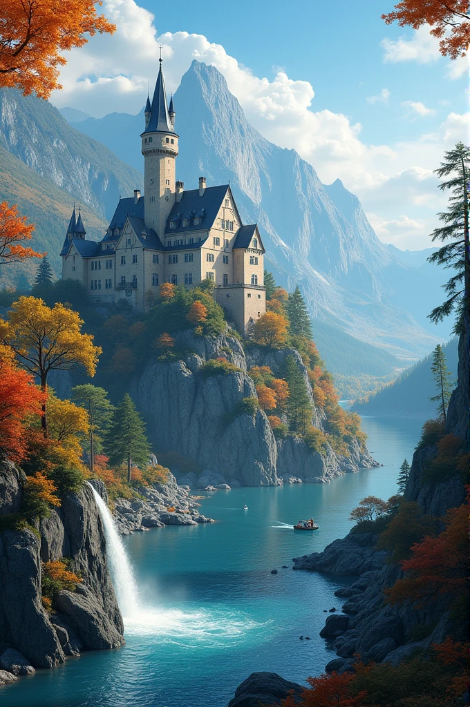 masterpiece, 最high quality, high quality, Very detailed CG unit 8k wallpaper, landscape, Outdoor, null, cloud, Day, A wonderful medieval castle, No humans, Mountain, landscape, water, wood, blue null, waterfall, cliff, nature, lake, river, village, autumn, cloudy null, Colorful flowers, Award-winning photography, Bokeh, Depth of written boundary, High resolution, bloom, chromatic aberration, Realistic, Very detailed, artステーションのトレンド, CGsociety Trends, Complex, Attention to detail, dramatic, art：midjourney