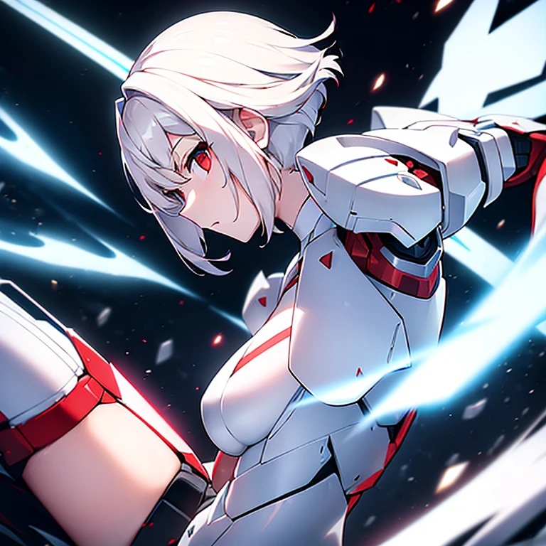 (girl)(white short hair)(red eyes)(Driving exoskeleton armor)(Cool battle scenes)(The blade flickers)(Fierce clash of weapons)(Battle Damage Edition)(Injuried)(Combat Mask)4K