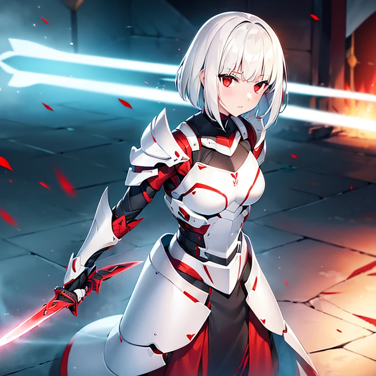 (girl)(white short hair)(red eyes)(Driving exoskeleton armor)(Cool battle scenes)(The blade flickers)(Fierce clash of weapons)(Battle Damage Edition)(Injuried)(Combat Mask)4K