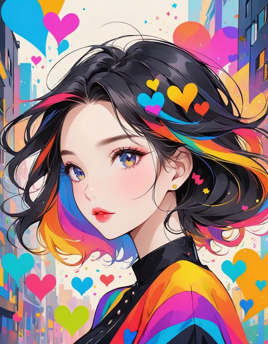 Black Star colorful style, Simple Line Initialism,Abstract art,Urban Background, (((The most beautiful girl of all time))), Sweet face. Lips in love, colorful hearts, stylish design, (((Love sex)))