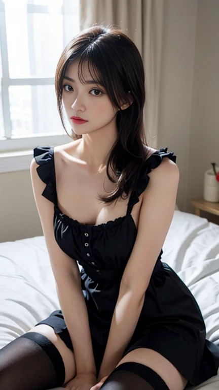 1 girl,alone,chest,Knee socks,chestの谷間,liar,~ ~ side,Looking at the audience,Long Hair,large chest,With my hands on my head,bed,Strap slip,indoor,lips,on bed,Black Hair,dress,Realistic,black dress,black eye,Dutch Angle,Brown Hair,curtain,Window -- Automatic