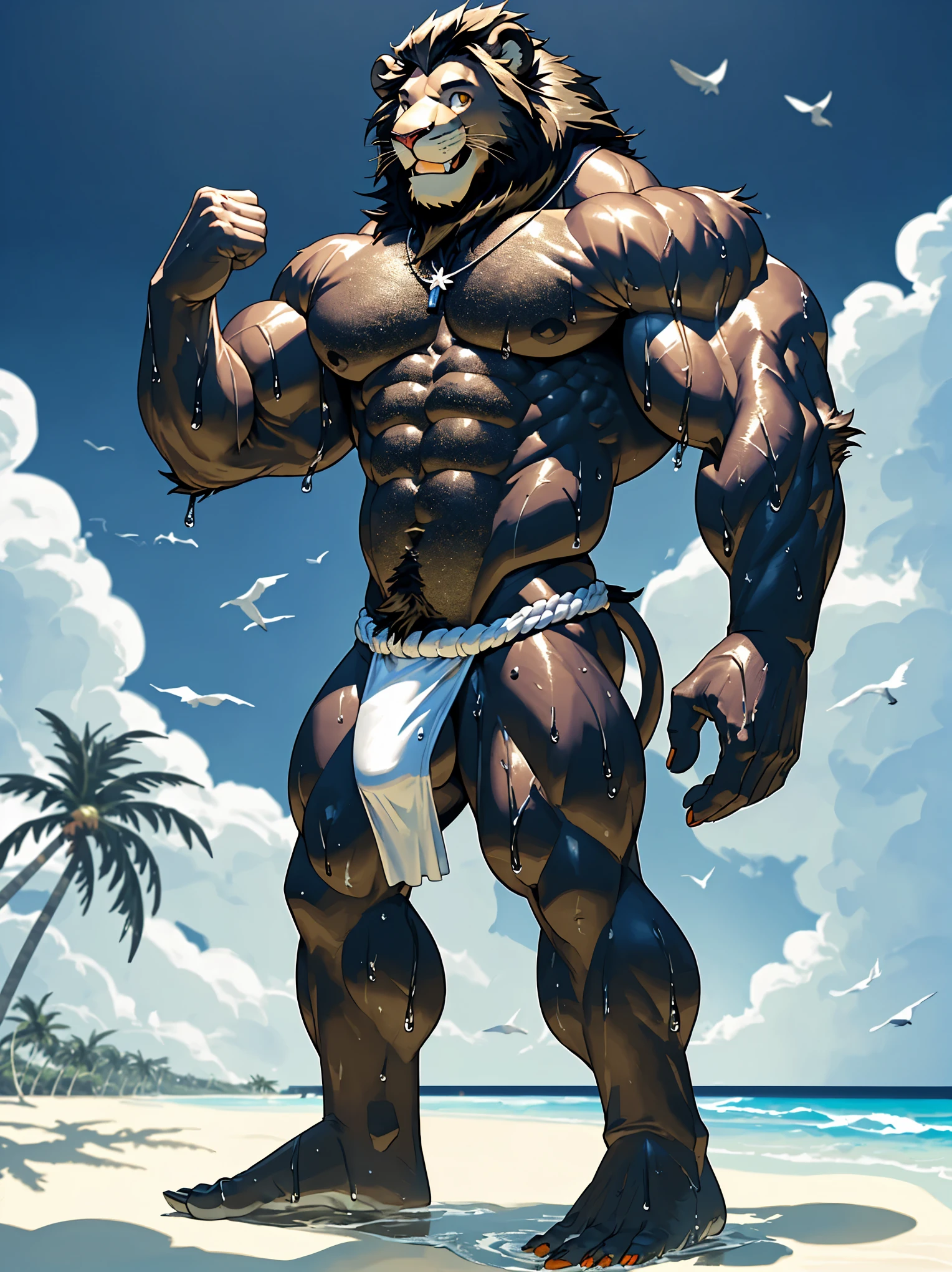 Lifesaver Lion,Huge penis silhouette、Huge scrotum silhouette、fundoshi、Great smile、Side view、Great smile、Male lion、Beach Background、Tropical Island、Black Mane、Beach、Hands touching the crotch、巨大に膨らんだ股間の白いfundoshi、Pose with wide open crotch、Very wet body、Abnormally large muscles、Very beautiful abs、abnormally developed muscles、Golden big eyes、Sharp toenails,、Composition looking up from below、A flock of gulls、White, shiny teeth、necklace、Palm tree
