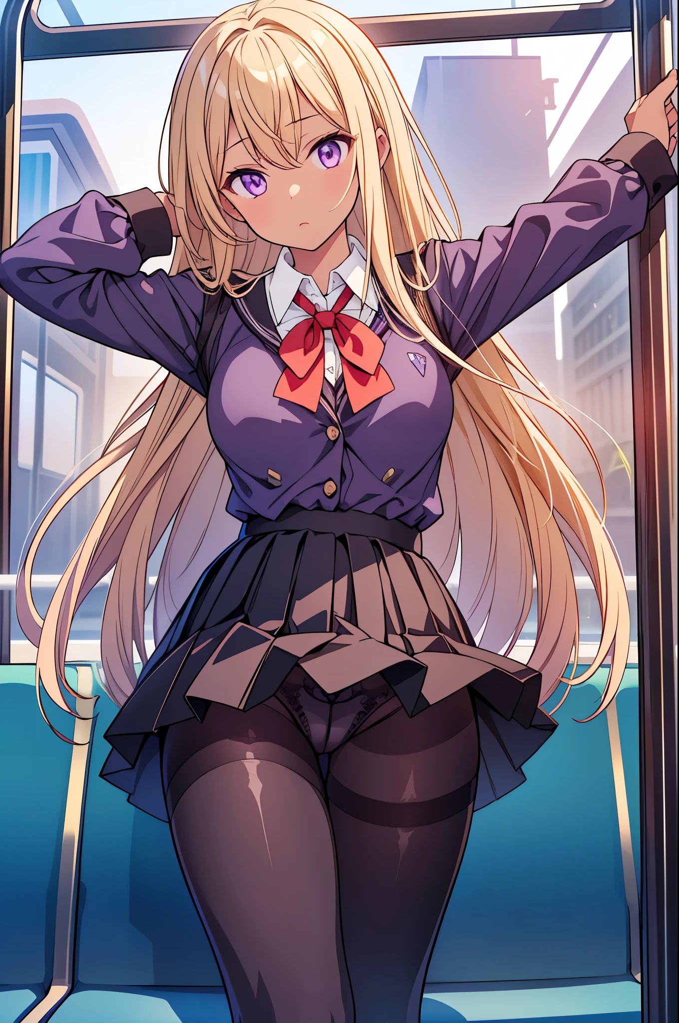 (Tabletop, Highest quality, Very detailed), One Girl, Purple eyes, Blonde, Dark Skin, Long Hair、((School Uniform))、((pantyhose))、(in the train)、(pread your legs、Black panties