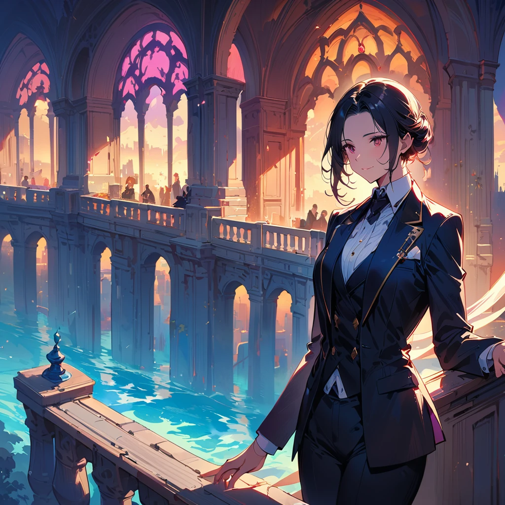 若く美しい女性2name,(Highest quality,Extremely detailed depiction,Incredibly absurd high resolution,Anatomically accurate depiction),(Glowing Skin,Shiny skin),(Woman in suit１name,ドレスを着た女性が1name),(Royal suit,Butler-style outfit,Tight fit),(Noble dress,Royal accessories),eyelash,Pink Eyes,Half-closed eyes 1.3,There is cleavage in the chest,Glossy red lipstick,Shadowed face,whole body,Standing posture,background:Full moon night:1.5,Big full moon,The two are embracing each other and looking at each other:1.5,Castle balcony