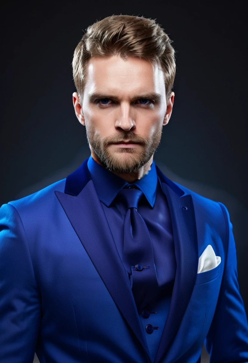 wearing bright blue indigo suit with white shirt, elegant, stylish, bright colors, low saturation, bright colors, bright indigo suit, wearing bright indigo suit with white shirt, white shirt, posing, full body shot, upper body dramatic lighting, detailed, high details, high quality, low saturation
