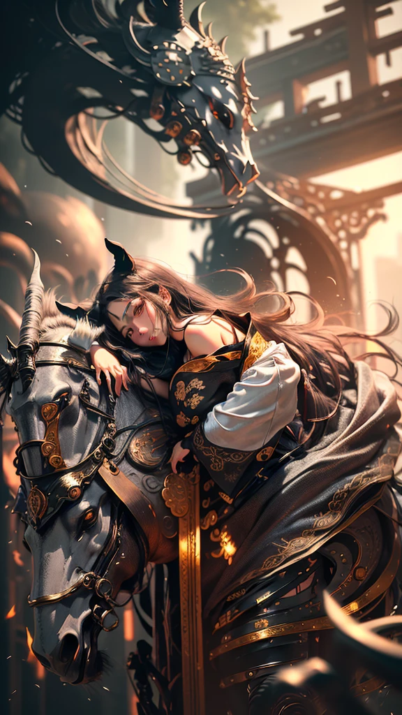 masterpiece, best quality,photorealistic,best shadow, delicate, RAW,(1 girl,cute, black hair,very long hair),(loong midair, flying,Looking at the camera,misty,fog, ), Dark clouds cover the sky,misty , cloudy sky (Sexy Chinese Taoist woman (long hair,Sexy Taoist robe ) ) ,