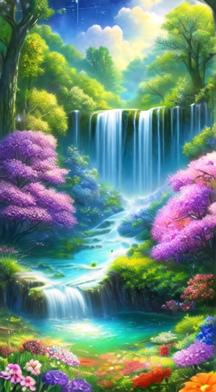 Lacquer painting, Makie, flower園,flower畑,Money, Surreal illustration , Otherworldly, ,Highly detailed and magical lighting, Intricate forest details, Surrounding vegetation and river, Solarpunk ,landscape, , Beautiful foliage with beautiful lighting and realistic proportions, Like a movie background, 8k, Highest quality, masterpiece, 空のcloudと星.baptism,Baptism,Garden of Eden,Colorful,夢のようなlandscape, cloud, light piercing through the cloud, Reflection on the surface of the water, Gentle waterfall,flower々, flower ,Quiet atmosphere, Richness in details, Surreal beauty, Magical Aura, ファンタジーlandscape, High quality digital art, Vibrant colors, Fantastic lighting, Enchanting atmosphere, Artistic Expression, Otherworldly feeling, Beautiful brushwork, Magnificent View, Peaceful tranquility, Immersive Experience, Breathtaking views, Picturesque views, Mysterious charm, Mysterious atmosphere, Nuances, A magical dream. There are no people, Nobody is here