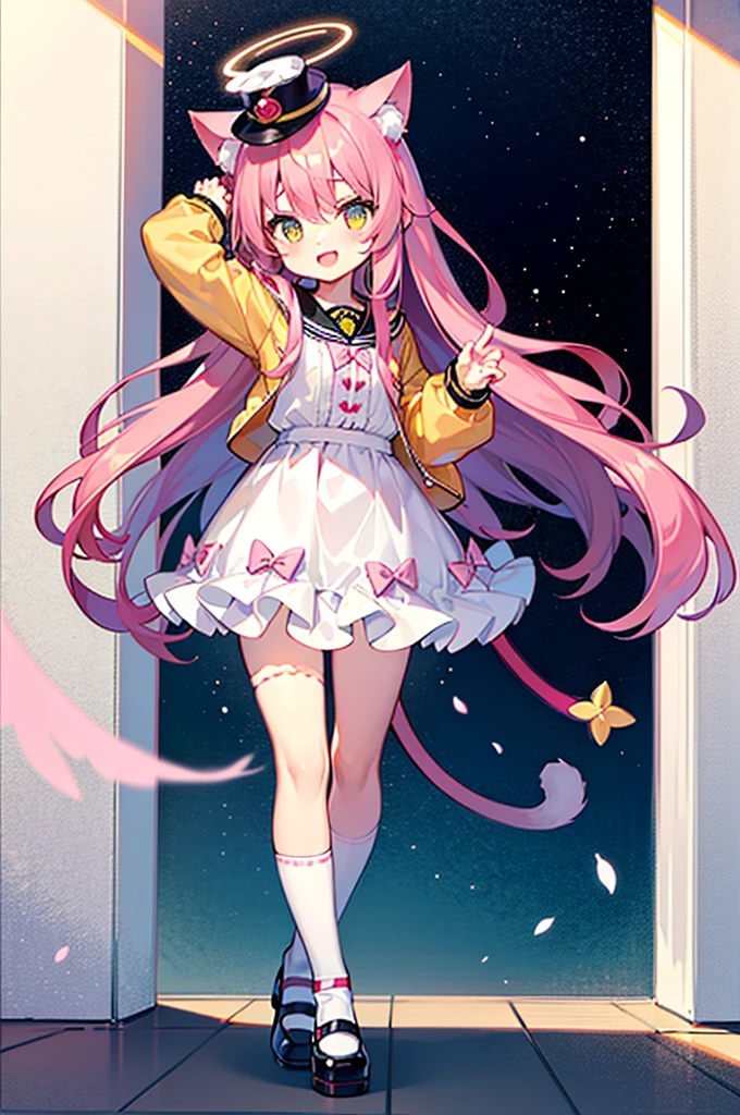 anime style,1person,kawaii shota,short small child,cat ears and tail,angel halo and wing,pink hair,long hair,wavy hair,Kindergarten costume, yellow toddler hat,