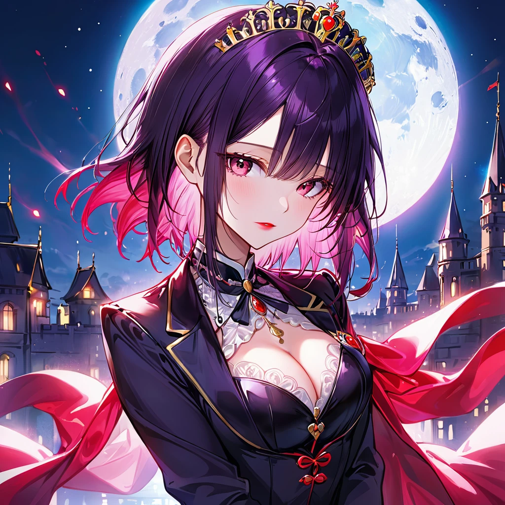 若く美しい女性2name,(Highest quality,Extremely detailed depiction,Incredibly absurd high resolution,Anatomically accurate depiction),(Glowing Skin,Shiny skin),(Woman in suit１name,ドレスを着た女性が1name),(Royal suit,Butler-style outfit,Tight fit),(Noble dress,Royal accessories),eyelash,Pink Eyes,Half-closed eyes 1.3,There is cleavage in the chest,Glossy red lipstick,Shadowed face,blush,whole body,Standing posture,background:Full moon night:1.5,Big full moon,The two are embracing each other and looking at each other:1.5,Castle balcony