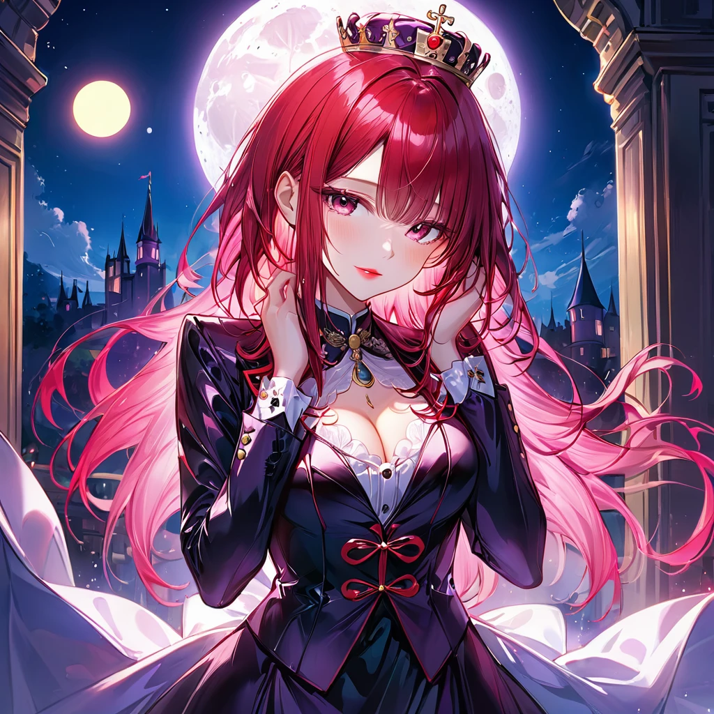 若く美しい女性2name,(Highest quality,Extremely detailed depiction,Incredibly absurd high resolution,Anatomically accurate depiction),(Glowing Skin,Shiny skin),(Woman in suit１name,ドレスを着た女性が1name),(Royal suit,Butler-style outfit,Tight fit),(Noble dress,Royal accessories),eyelash,Pink Eyes,Half-closed eyes 1.3,There is cleavage in the chest,Glossy red lipstick,Shadowed face,blush,whole body,Standing posture,background:Full moon night:1.5,Big full moon,The two are embracing each other and looking at each other:1.5,Castle balcony