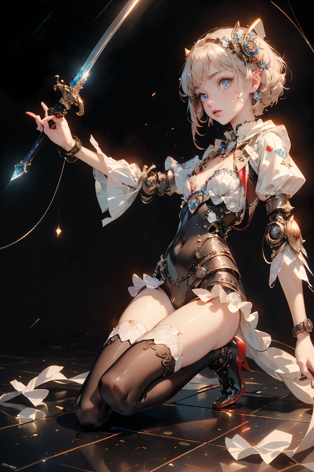 (((masterpiece, of the highest quality, super detailed))), (a female knight of an occult order), (an occult saint), (combat pose), (resolved expression), (resolute expression), (((holding a sword with a digital-glitch-like blade as though it is rapidly flickering in and out of reality))) ((glitch sword)), ((glitching sword blade)), Edwardian/Victorian era inspired, ((minimal but intricate beautiful armour)), Fluttering lace flared dress with frilly petticoats, ((((Highly detailed face))), (((Very sharp focused eyes))), very long eyelashes, small breasts, (((flat chest:1.1))), occult aesthetic, (red and white clothing detailed and intricate steampunk and detailed gothic), (with a hood), complex lace boots