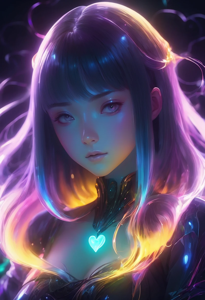 character concept design,1girl,half body,ojou-sama posture,incredibly long hair,light painting,time-lapse photography,Diffuse gradient,vertical random light line,colorful heart,A picture made of glowing lines,Big breasts
