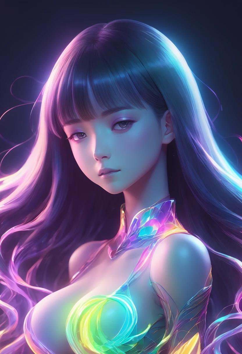 character concept design,1girl,half body,ojou-sama posture,incredibly long hair,light painting,time-lapse photography,Diffuse gradient,vertical random light line,colorful heart，A picture made of glowing lines，Big breasts