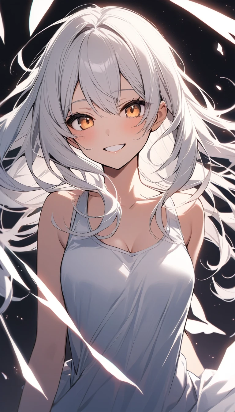 Long white hair、Fluttering Hair、20-year-old women、In detail、beautifully、Glowing Skin、smile、Tank top、beautiful