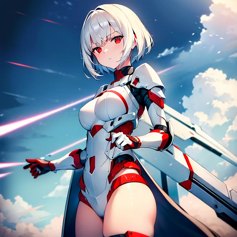 (girl)(white short hair)(red eyes)(Driving exoskeleton armor)(Cool battle scenes)(The blade flickers)(Fierce clash of weapons)(Battle Damage Edition)(Injuried)(battle Mask)(In the hail of bullets)4K