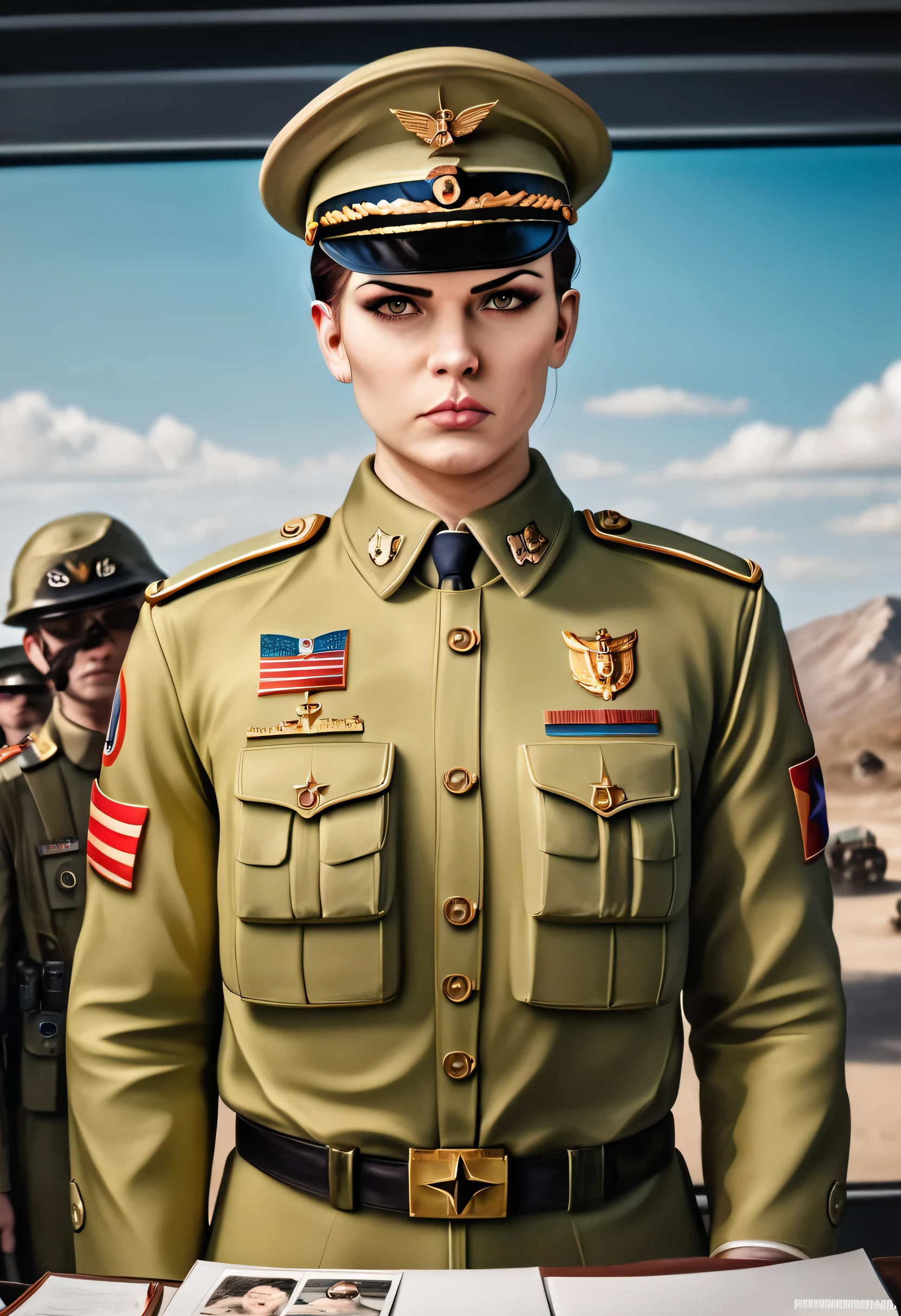 detailed portrait of a thoughtful military strategist, 1 person, war-themed strategy game icon, (best quality,4k,8k,highres,masterpiece:1.2),ultra-detailed,(realistic,photorealistic,photo-realistic:1.37),digital painting,military uniform,serious expression,intense gaze,commander,battle plans,war room,tactical map