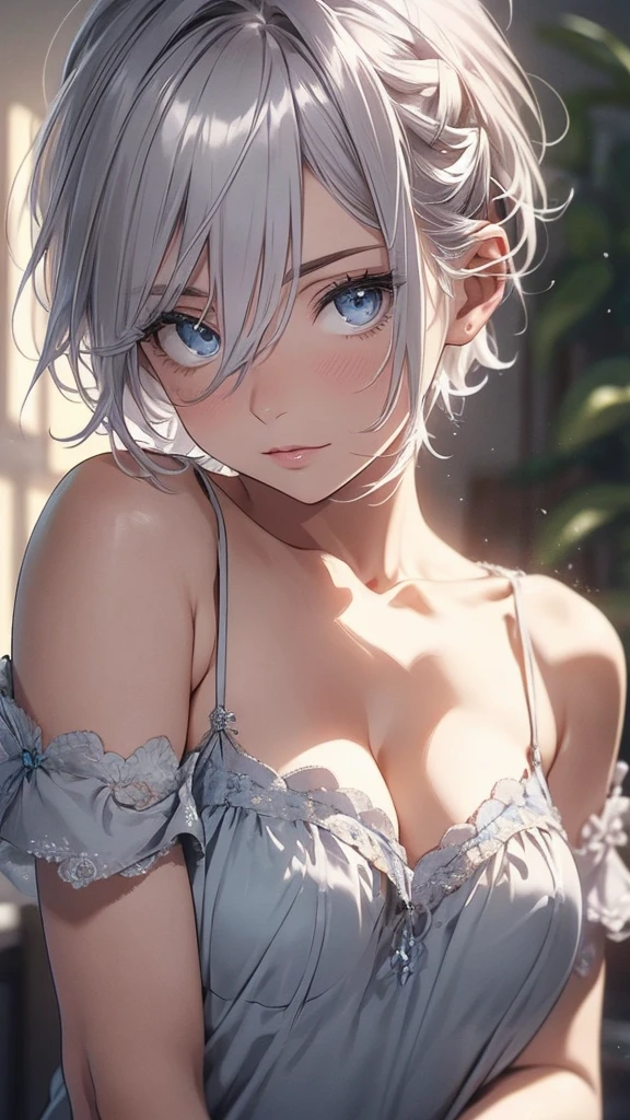 Anastasia, grey hair, short hair, blue eyes, eyelashes, hair between eyes, breasts,
chemise
,{{{masterpiece}}}, {{{best quality}}}, {{ultra-detailed}}, {illustration}, {{an extremely delicate and beautiful}}