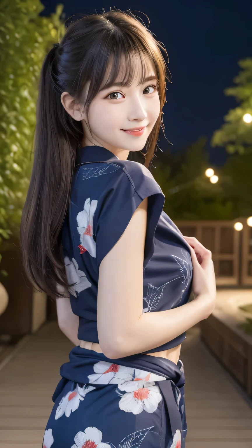 Best image quality (8k, High resolution, masterpiece: 1.2), Very detailed, Random Hairstyles, 26-year-old woman,
Extraordinary beautiful girl、Cute and beautiful face details、(Dealing with the Children_v1:0.008)、
score_9, score_8_upper, score_7_upper,
Confessions Under the Moon ...、night、night、
situation: A girl in a quiet Japanese garden、Deciding to confess in front of the pond where the moonlight is reflecting。
clothing: Yukata。In a blue floral yukata、Hair is kept simple。
Pause: Put your hands on your chest、The moment when you quietly talk to someone。
Camera angle: At a slightly lower angle、A wide shot of a beautiful view of a girl and a garden。
,Active stop temporarily ,
On her side、The thunder danced。
Focus on the upper waist
, Random cute poses ,Big eyes ,Puffy eyes , Heart pupil, blush , Big shy smile , salute