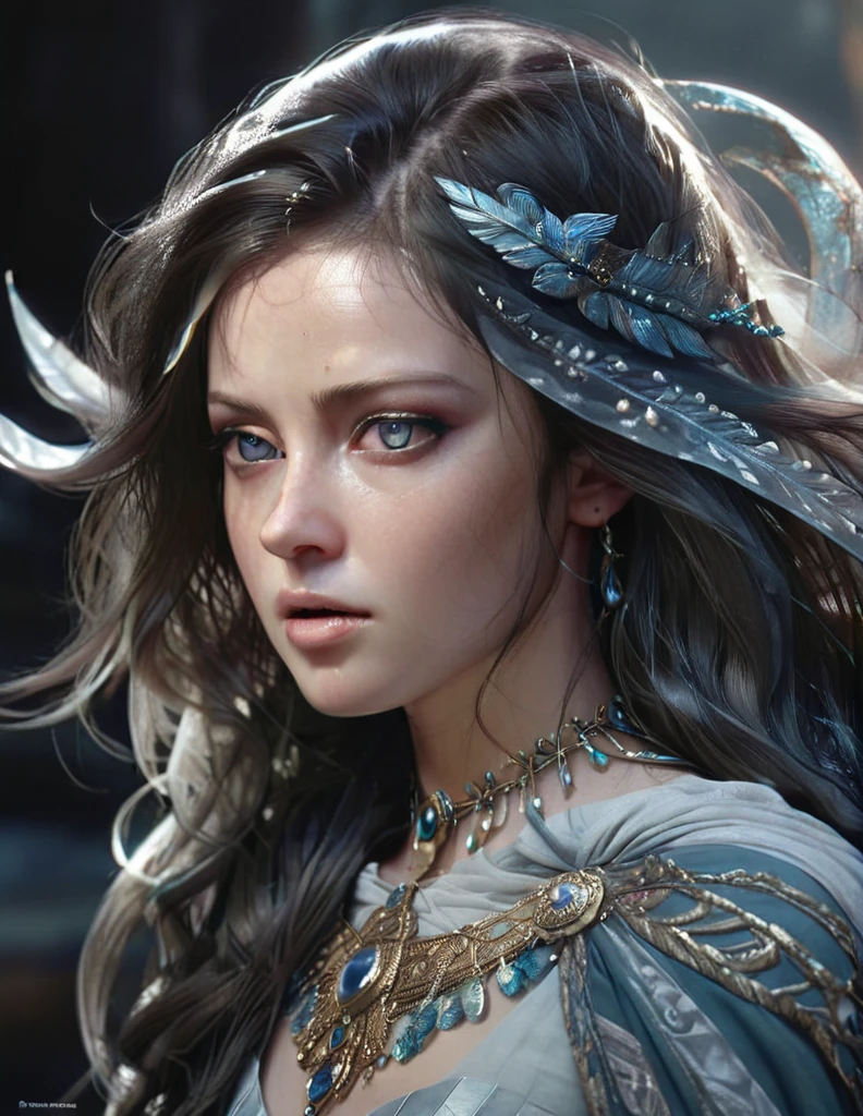 mystical female protagonist, intricate fantasy dress, glowing ethereal aura, detailed ornate headpiece, sweeping dramatic cape, enchanting eyes, porcelain skin, flowing hair, serene expression, dark moody lighting, cinematic dramatic atmosphere, vibrant jewel-toned colors, creative whimsical concept art, (best quality,4k,8k,highres,masterpiece:1.2),ultra-detailed,(realistic,photorealistic,photo-realistic:1.37)