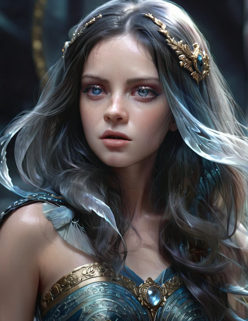 mystical female protagonist, intricate fantasy dress, glowing ethereal aura, detailed ornate headpiece, sweeping dramatic cape, enchanting eyes, porcelain skin, flowing hair, serene expression, dark moody lighting, cinematic dramatic atmosphere, vibrant jewel-toned colors, creative whimsical concept art, (best quality,4k,8k,highres,masterpiece:1.2),ultra-detailed,(realistic,photorealistic,photo-realistic:1.37)