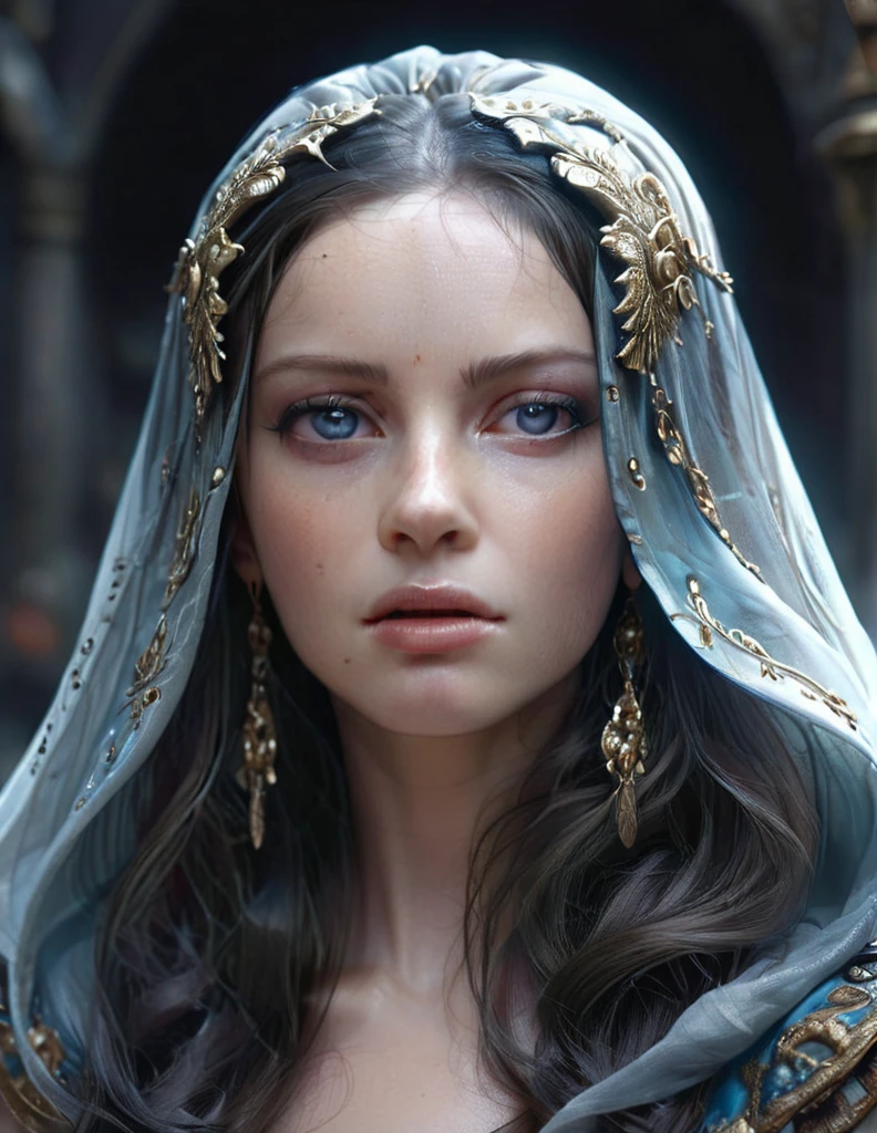 mystical female protagonist, intricate fantasy dress, glowing ethereal aura, detailed ornate headpiece, sweeping dramatic cape, enchanting eyes, porcelain skin, flowing hair, serene expression, dark moody lighting, cinematic dramatic atmosphere, vibrant jewel-toned colors, creative whimsical concept art, (best quality,4k,8k,highres,masterpiece:1.2),ultra-detailed,(realistic,photorealistic,photo-realistic:1.37)