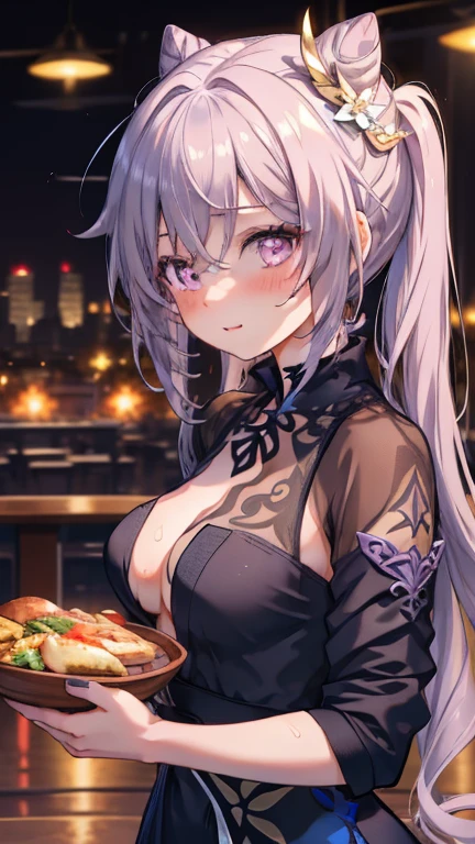 (masterpiece)1 girl, Keqing City, Genshin Impact, Highest quality, Expressive eyes, Perfect Face, Large upper body, smile, blush, Wearing a wet office shirt, indoor, Day, Simple Background, Lie, looking for , Bright sky, looking for at viewer, stage, Moody lighting、Very large breasts、Cleavage、Place the box on the tray