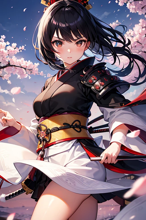 Highest quality, Ultra-high resolution, RAW Photos, Japanese style, kimono, Rin々Shii, Samurai, Blooming cherry blossoms, Feel the wind, Japanese sword, (Samurai Armor:1.1), Black Hair Girl